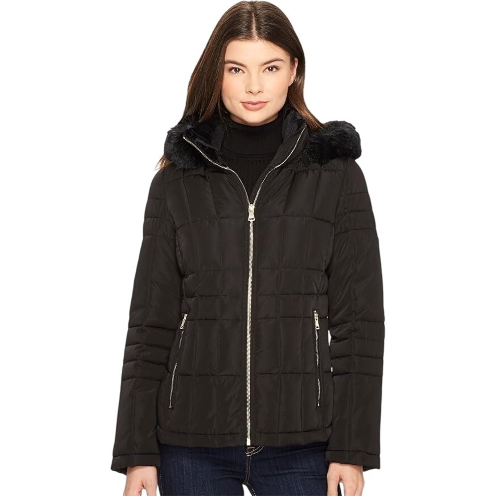 CALVIN KLEIN Black QUILTED w/FAUX FUR HOOD Zip-Down PUFFER DOWN JACKET COAT XS
